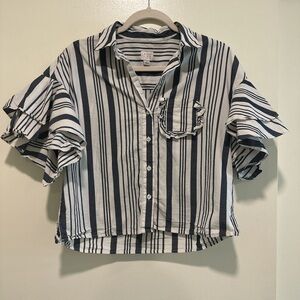 A New Day Navy & White Striped Button Up Short Sleeve Top